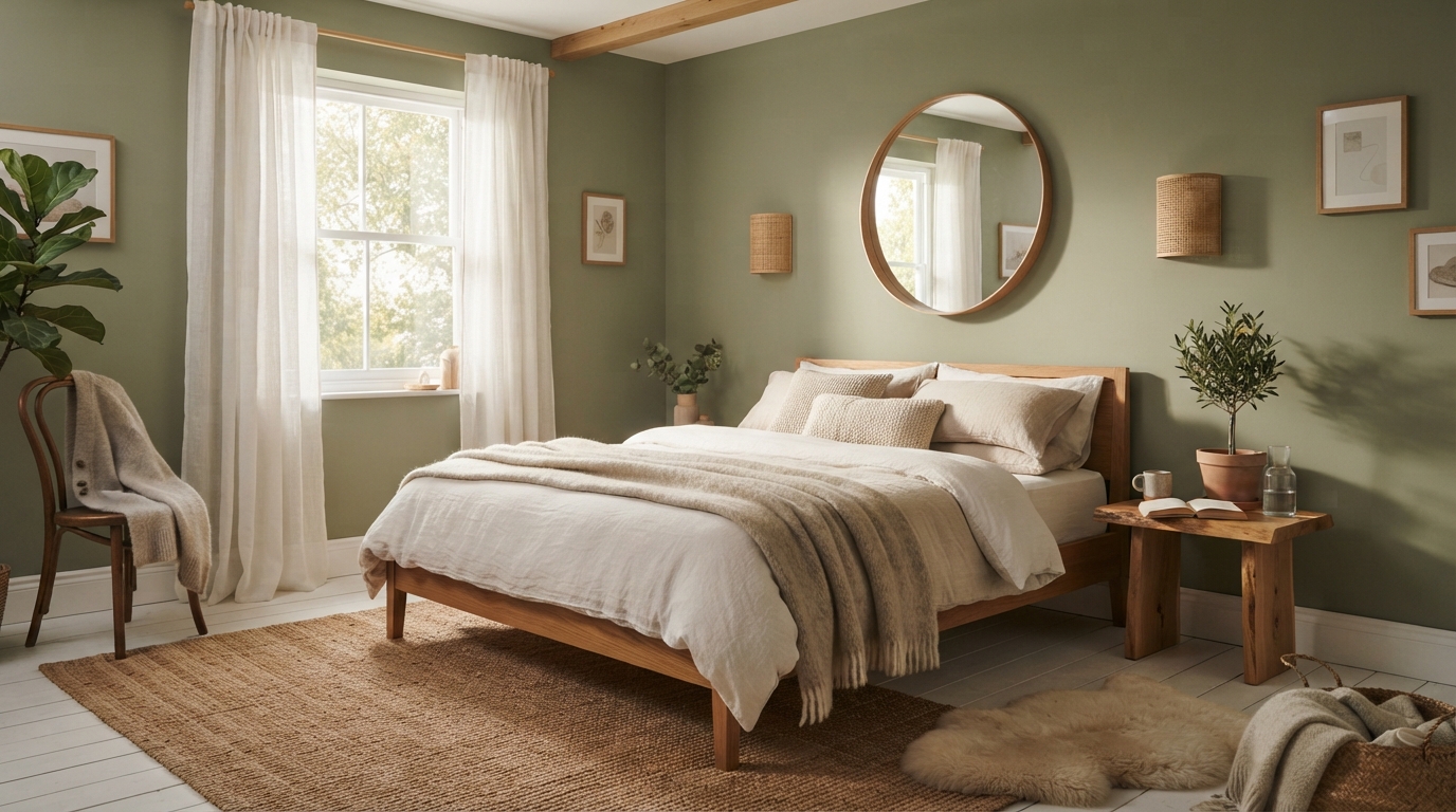 Calming Green Bedroom Colour Palette with Soft Neutrals and Natural Accents
