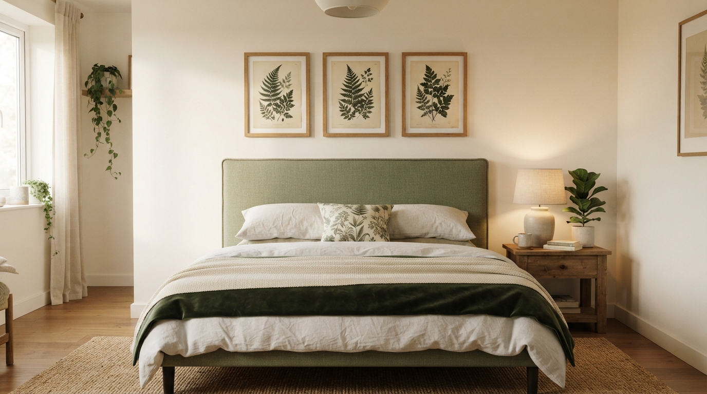 Calming Green Bedroom Colour Palette with Soft Neutrals and Natural Accents
