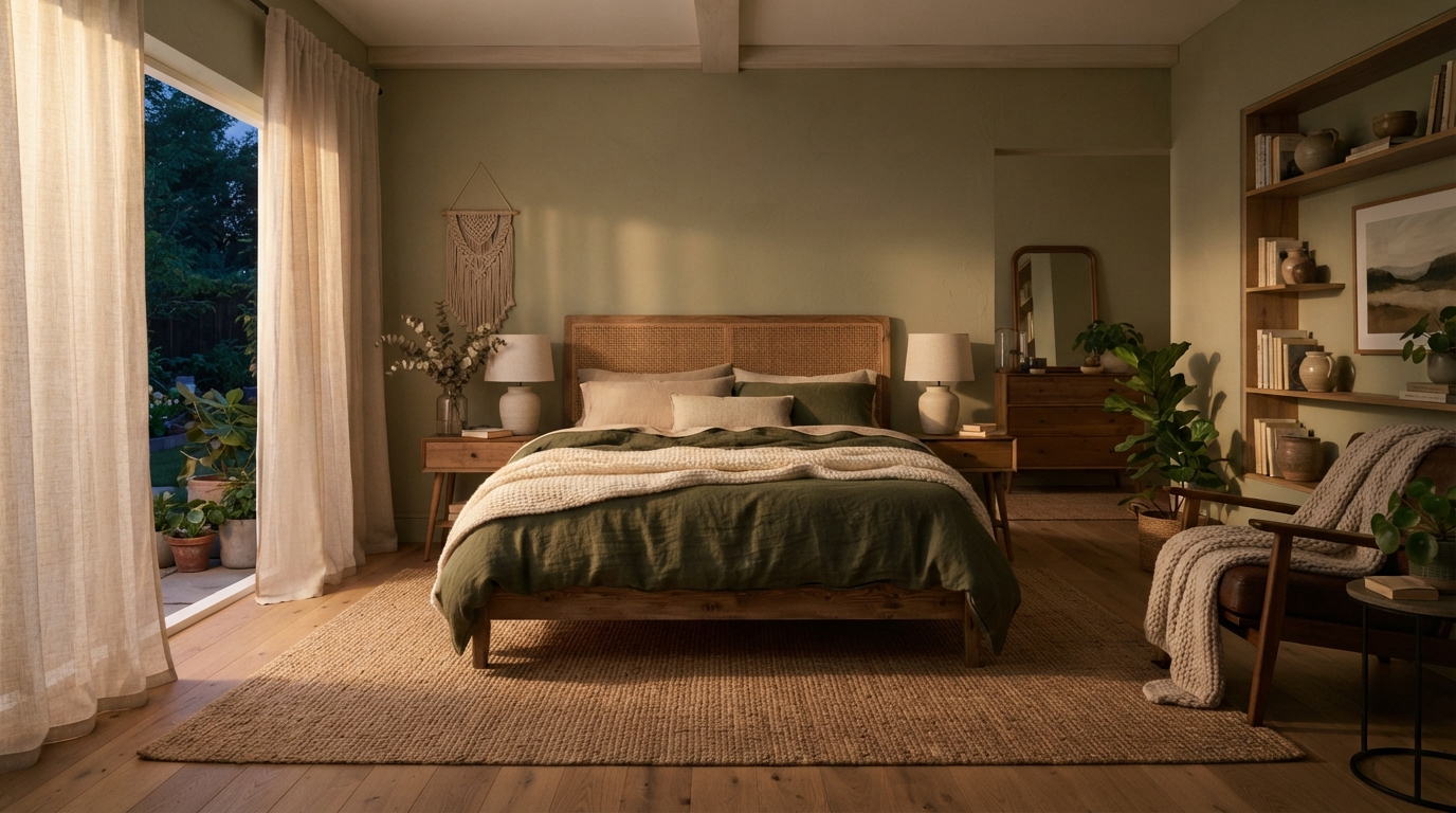 Calming Green Bedroom Colour Palette with Soft Neutrals and Natural Accents
