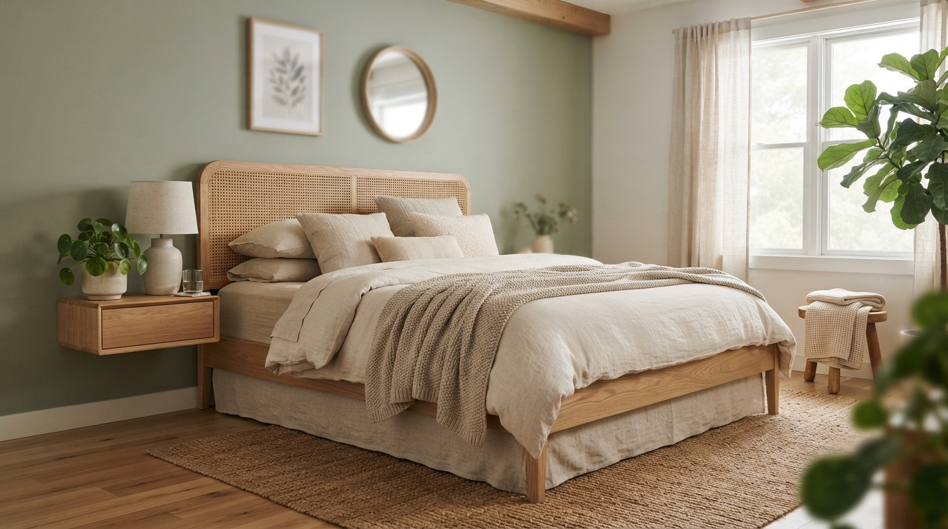 Calming Green Bedroom Colour Palette with Soft Neutrals and Natural Accents